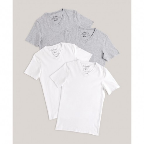 Stretch-Fit V-Neck Undershirt 4-Pack - White/Heather Grey