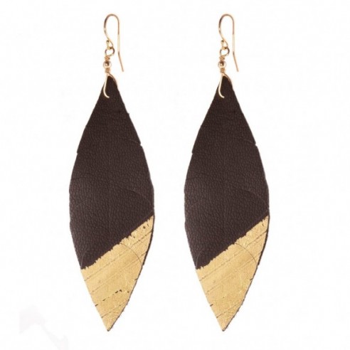 14 Karat Gold Leather Feather Earrings  -  gold tip