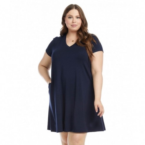 Plus Size Quinn V Neck Pocket Dress -Navy