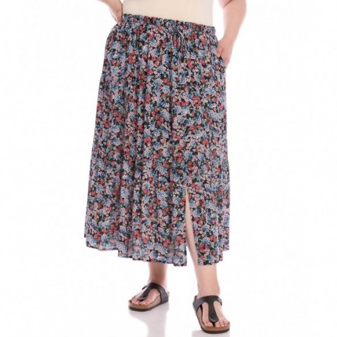 Plus Size Tiered Midi Skirt -Floral Print