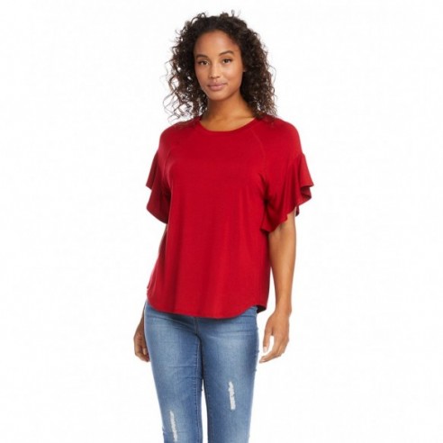 Petite Size Ruffle Sleeve Top -Red