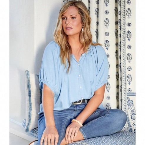 Plus Size Short Sleeve Peasant Top -Chambray