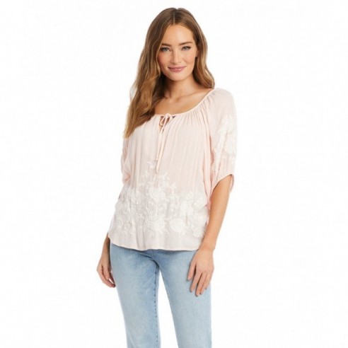 Embroidered Peasant Top -Pale Pink