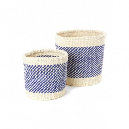 Blue and Cream Twill Sisal Nesting Basket Set by Swahili African Modern