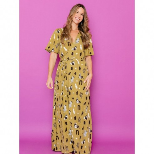 Brea Olive Curios Wrap Dress by Mata Traders