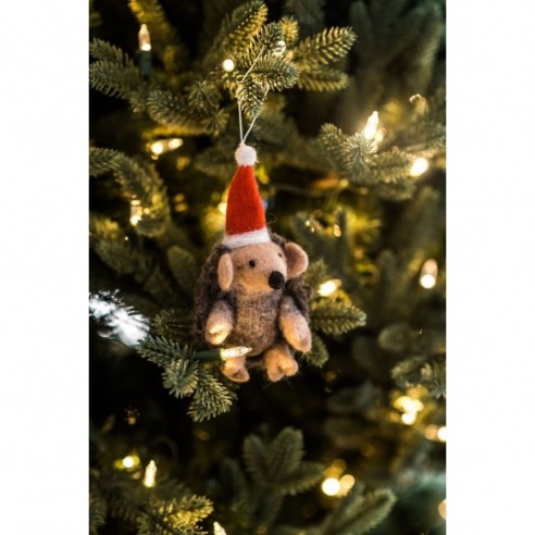 Hedgehog in Santa Hat - Felt Christmas Tree Ornament - Handmade in Nepal