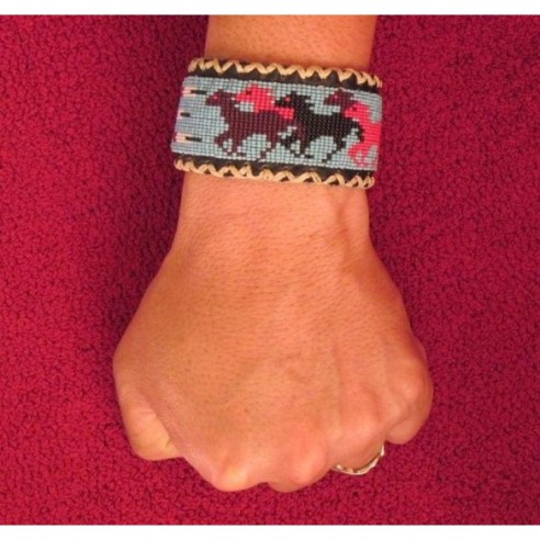 Running Horses and Feathers Turquoise Beaded Leather Bracelet by Pachamama Native Art