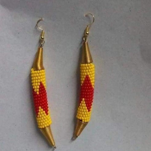 Long Beaded Yellow and Red Maasai Dangle Earrings by Naruki Crafts