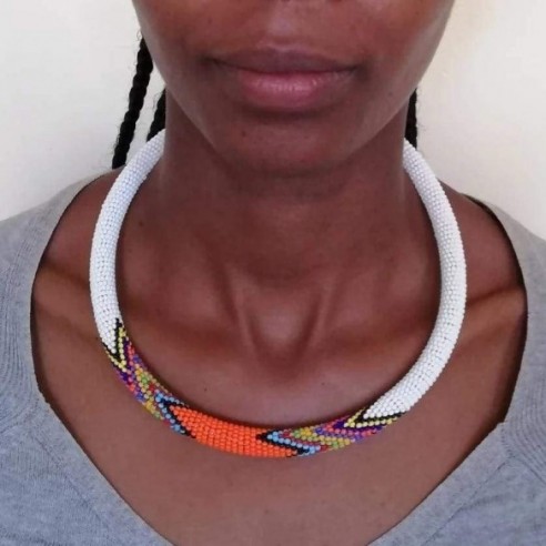 White Maasai Beaded Necklace by Naruki Crafts