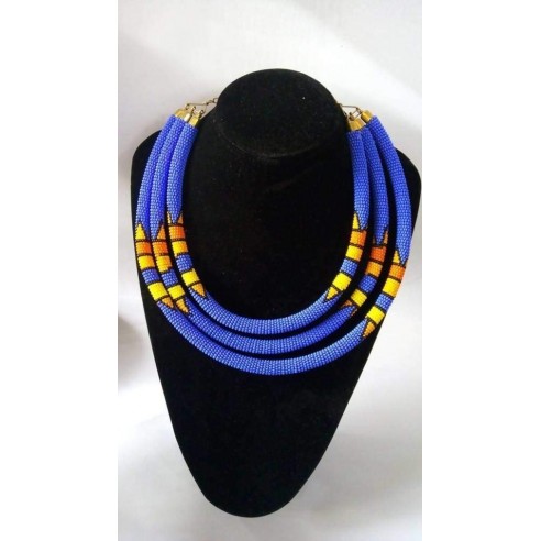 African Zulu Blue Beaded layered Necklace by Naruki Crafts