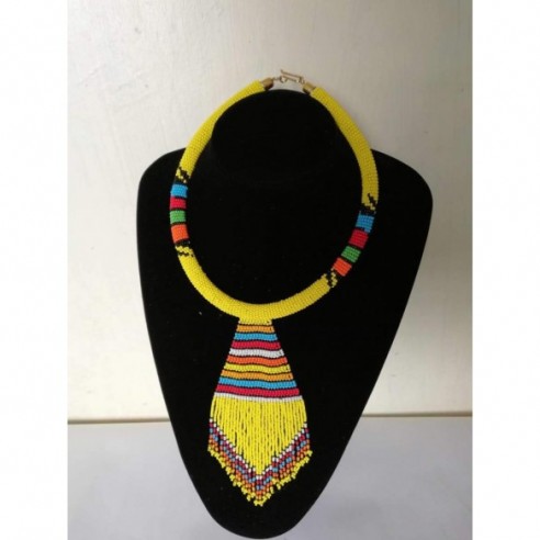 African Yellow fringe Pendant Necklace by Naruki Crafts