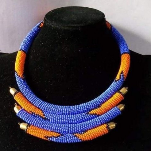 Blue and Orange Maasai Beaded Statement Necklace by Naruki Crafts